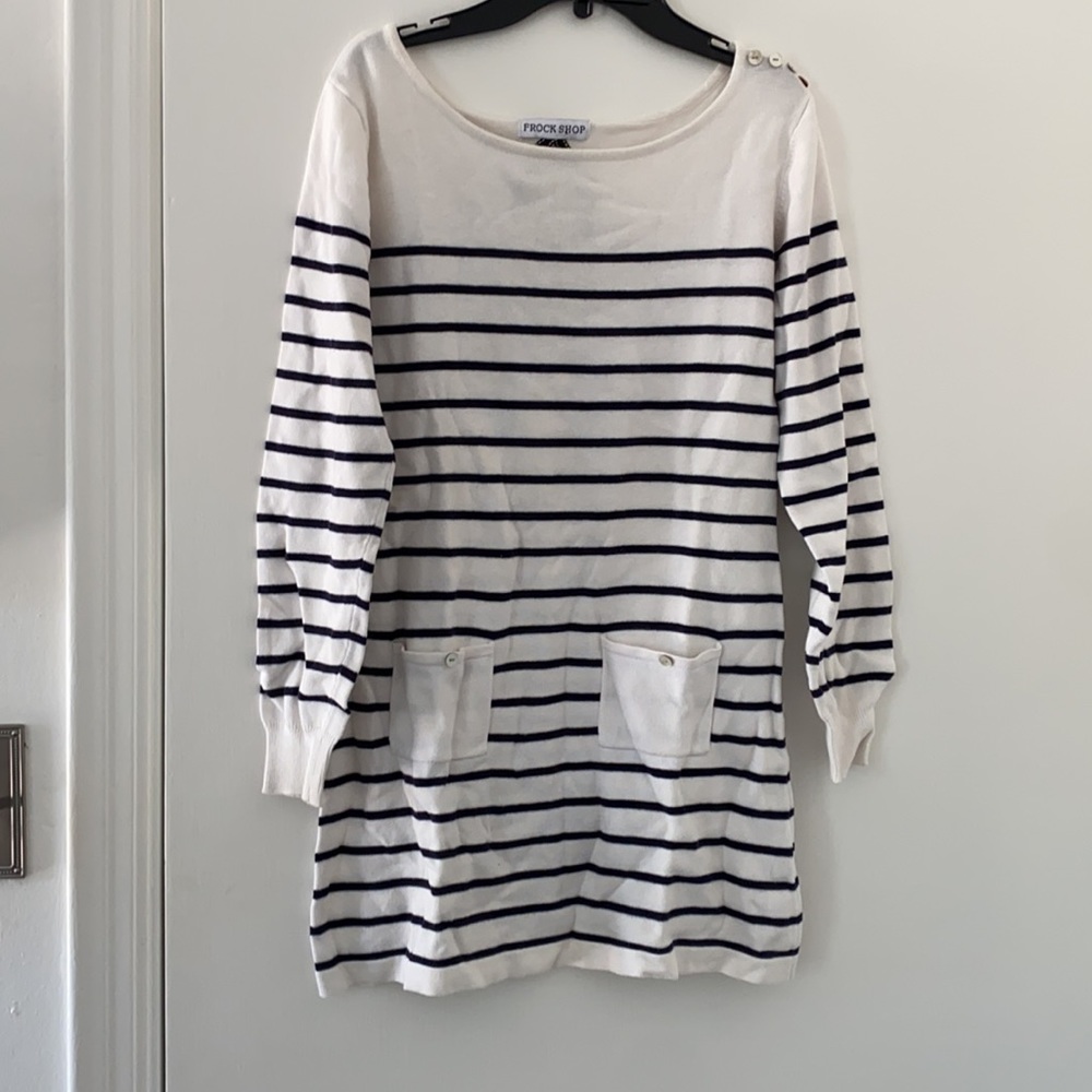 White and navy striped sweater dress